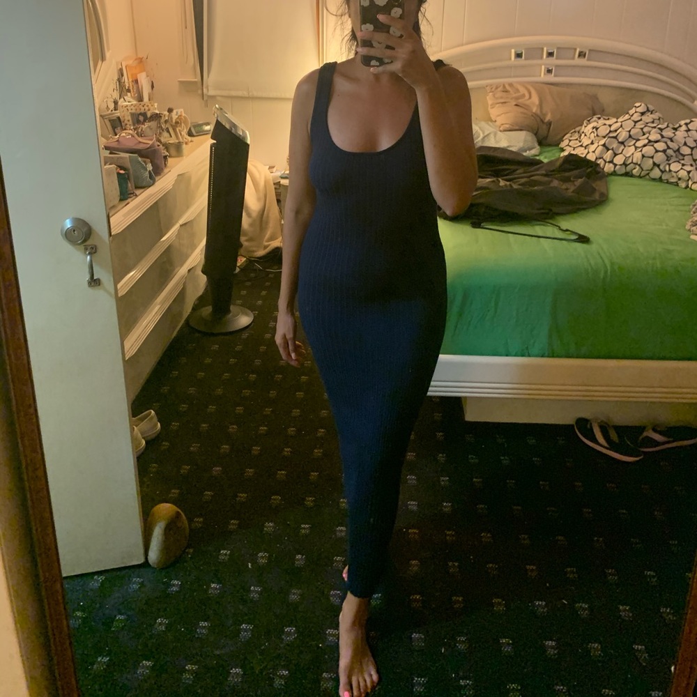 Zara long ribbed navy blue knit maxi dress